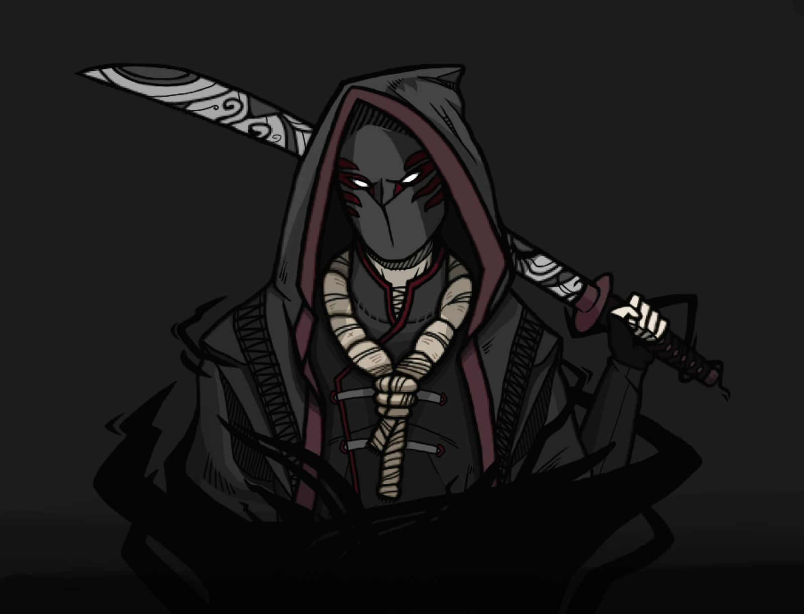 Joui Jouki, de Ordem Paranormal, encapuzado com katana — ilustração digital